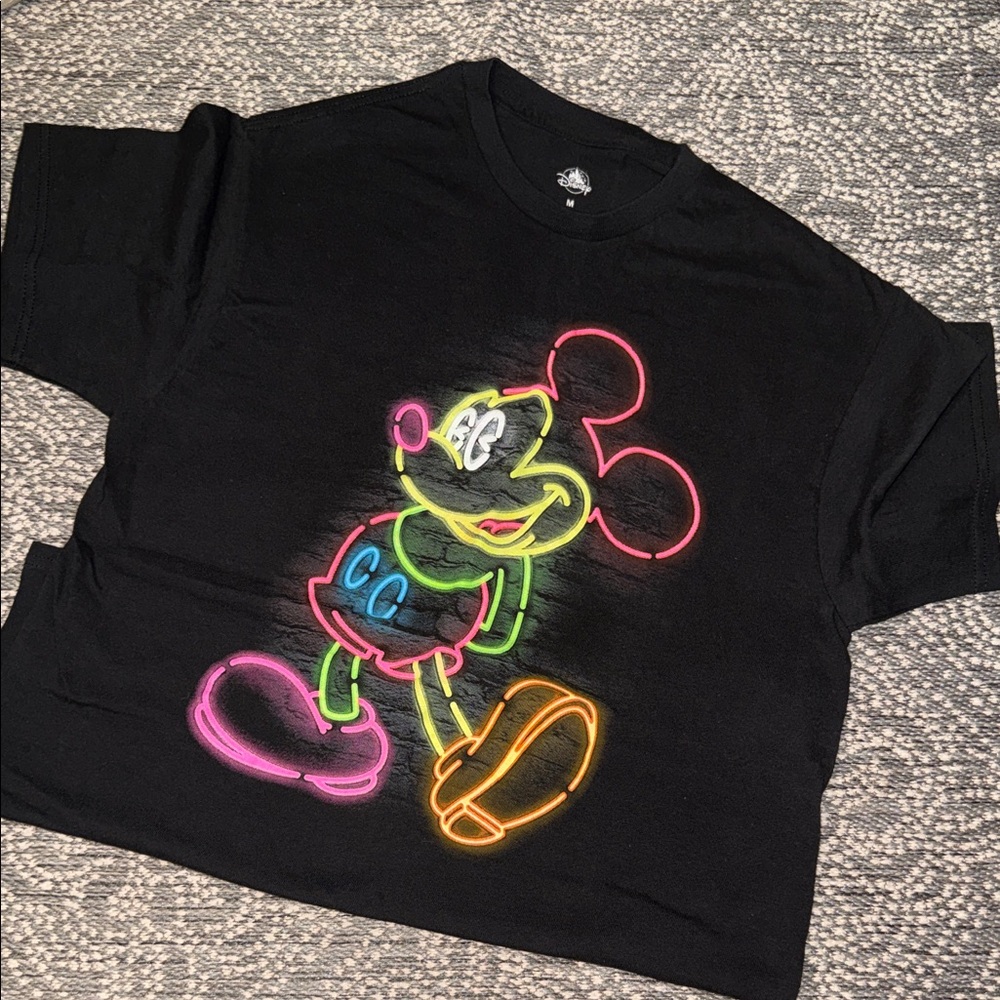 Disney Black T-Shirt with Neon Mickey Mouse Design